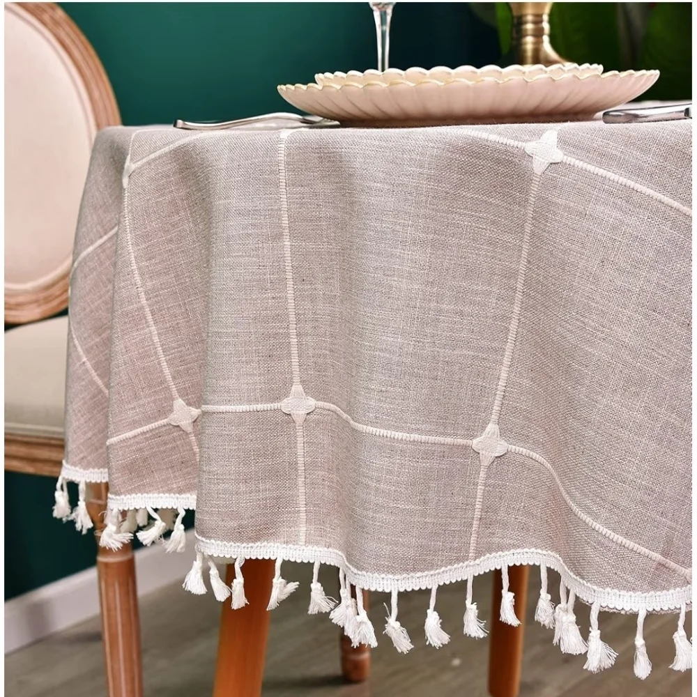 Chic Round Cream Tablecloth with Tassel Accents 36 Inches